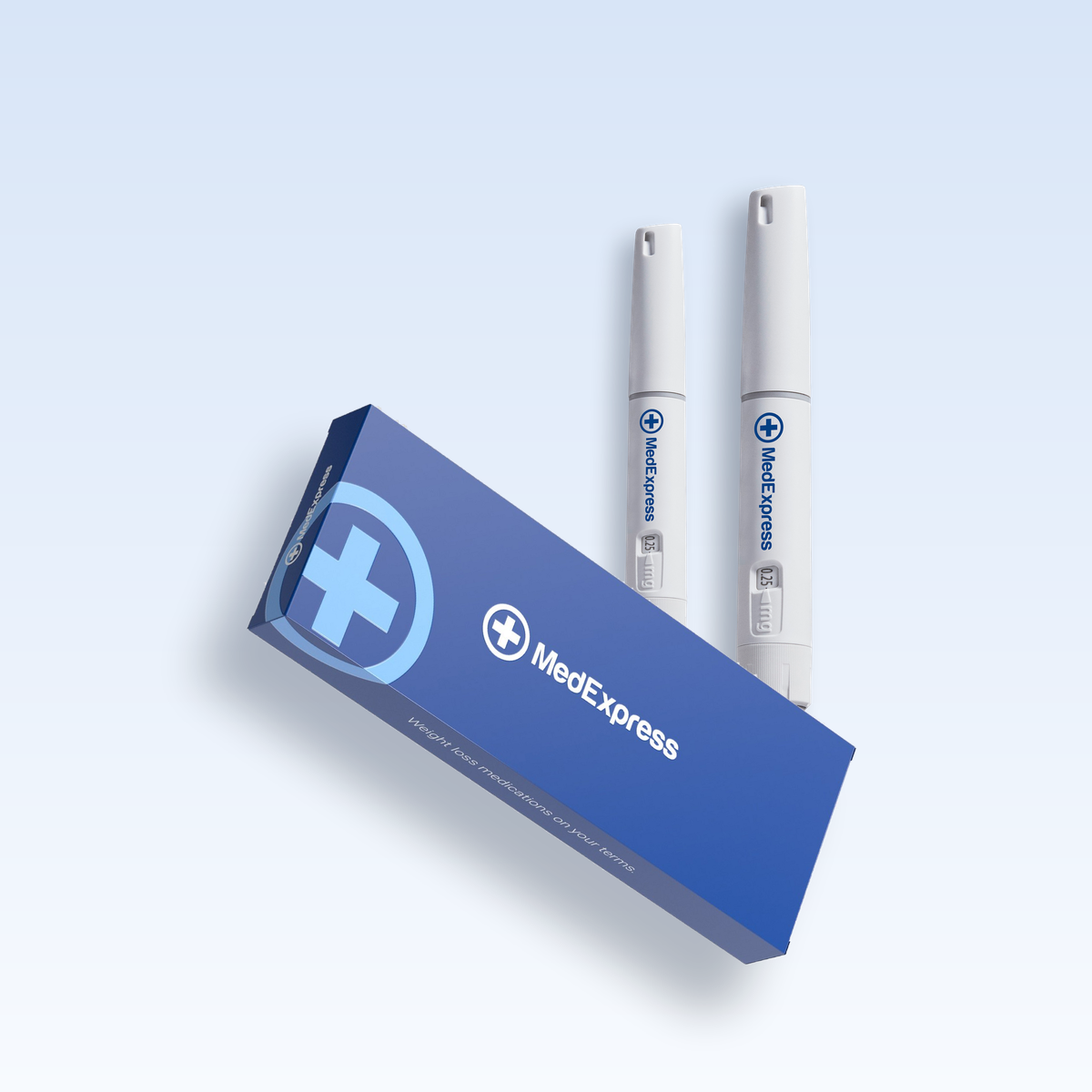 Unbranded MedExpress weight-loss pens with a MedExpress box